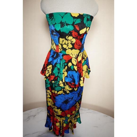 Mr.Blackwell Dresses & Skirts - Vintage Mr. Blackwell 100% Silk Strapless Peplum Wiggle Dress – Multicolor Flora